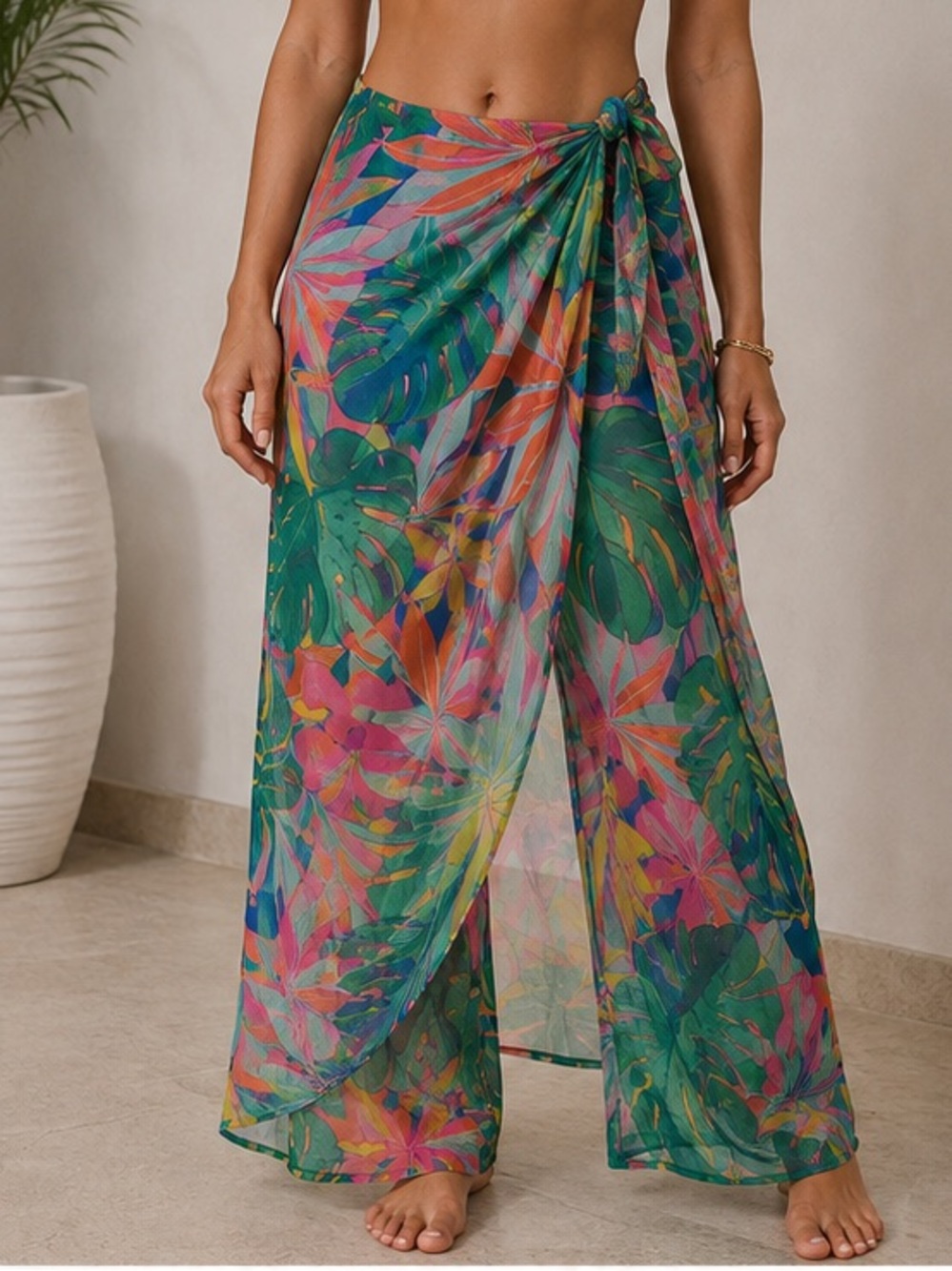 NWT - Sheer Tropical Beach Pants • Wrap Front • Sarong-Style Overlay • Wide Leg